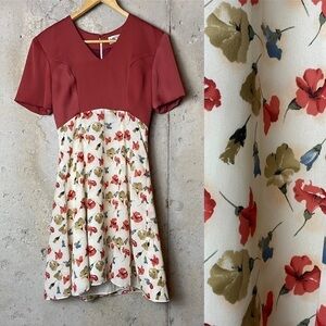 Vintage mico rust red cream floral fit and flare short sleeve babydoll dress